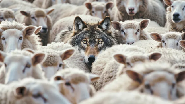 wolf hiding among a flock of sheep